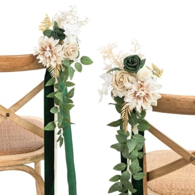 Product: Ling's Moment 8 Wedding Aisle Pew Artificial Flowers Arrangements Emerald Tawny Beige for Ceremony Chair Back Floral Decorations with Chiffon Ribbons Reception Church Rose Faux Hanging Party Outdoor