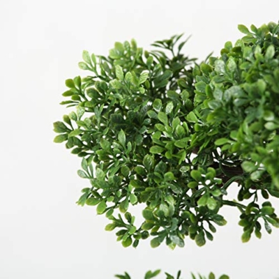 Product: Realistic Faux Harland Boxwood Bonsai Tree, Houseplant, White Round Pot, Pebbles, Padded Bottom, Over 1 Ft Tall, (H33cm)