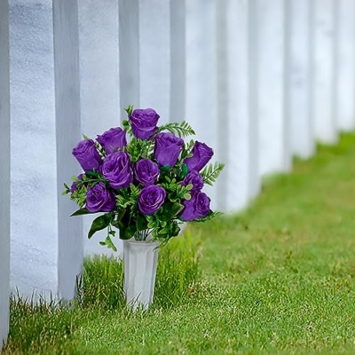 Silky Flower Store Artificial Cemetery Flowers with Vase, White Rose Bouquet Grave Memorial Flowers, Set of 2, Purple, Self Assembled, 45cm 10 10 Product: Artificial Cemetery Flowers with Vase, Artificial White Rose Bouquet Grave Memorial Flowers for Cemetery Headstones Decoration, (Set of 2, Purple), Self-assemble