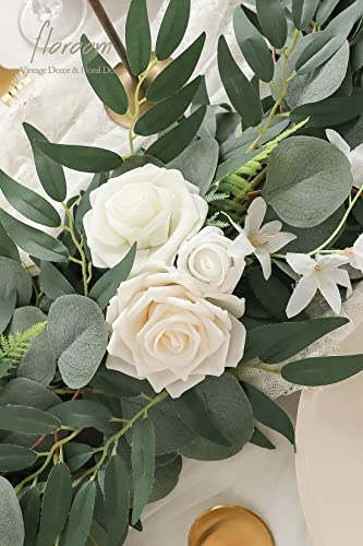 Silky Flower Store Artificial Eucalyptus Garland with Flowers, Ivory White Table Decor, 6ft, 13.75 x 3.5in 5 5 Product: Floroom 6ft Artificial Eucalyptus Garland with Flowers Fake Greenery Faux Floral Vine Garland for Table Decor Wedding Centerpieces Bridal Shower Party Decorations, Ivory White