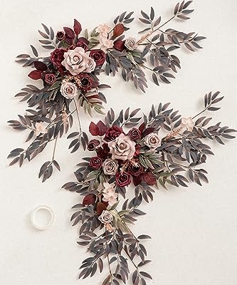Product: Ling's Moment 2PCS Artificial Floral Swags Centerpieces Burgundy Wedding Flower Greenery Arrangements for Sweetheart/Head Table Decor Car Wall Window Arch Garden Decor Burgundy & Dusty Rose Maroon
