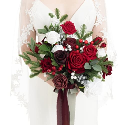 Product: Ling's Moment Christmas Red Wedding Bouquets for Bride, Xmas Winter Bridal Bouquets for Bride,13 Inch Free Form Artificial Wedding Flower Bouquet