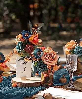 Silky Flower Store Teal Blue Wedding Flowers Mini Bridesmaid Bouquets Set of 6, Faux Floral Centerpieces, 8.5in Tall 6in Wide 7 7 Product: Ling's Moment Daek Teal Blue Wedding Flowers Mini Bridesmaid Bouquets Set of 6 Pre-Made Small Floral Wedding Centerpieces (Daek Teal & Burnt Orange)