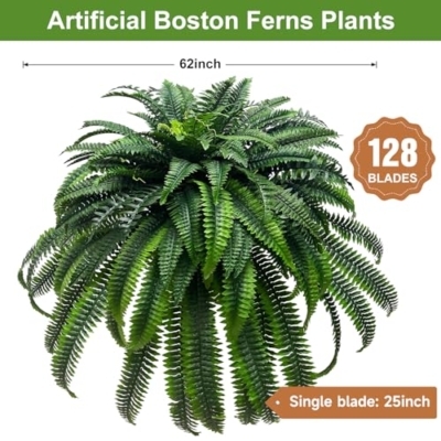 Silky Flower Store Artificial Boston Fern Plant, 128 Stems Faux Fern, Indoor Outdoor Hanging Greenery, 62” 8 8 Product: 128 Stems Faux Boston Fern - 62” Artificial Plants for Indoor & Outdoor Decoration