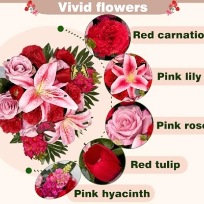 Silky Flower Store Artificial Cemetery Flower Saddle, Pink Rose Lily Red Carnation Tulip, Memorial Grave Vase, Butterflies, 32.5cm 15 15 Product: SUHOOKOO Handmade Cemetery Flowers for Grave Decor, Artificial Headstone Flower Saddle, Bright and Colorfast,Easy Fit, Tombstone Silk Pink Rose Lily/Red Carnation Tulip, 2 lovely butterflies included