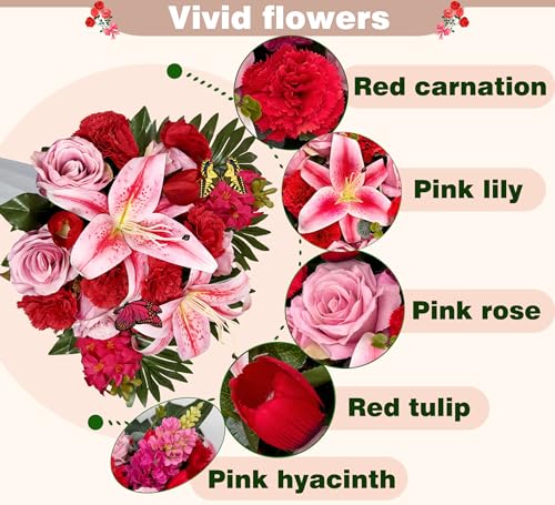 Silky Flower Store Artificial Cemetery Flower Saddle, Pink Rose Lily Red Carnation Tulip, Memorial Grave Vase, Butterflies, 32.5cm 6 6 Product: SUHOOKOO Handmade Cemetery Flowers for Grave Decor, Artificial Headstone Flower Saddle, Bright and Colorfast,Easy Fit, Tombstone Silk Pink Rose Lily/Red Carnation Tulip, 2 lovely butterflies included