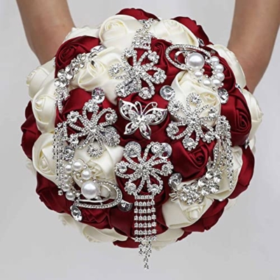 Product: Sharebeauty 9.4 Inch Handmade Satin Rose Bridal Bouquet Toss Round Wedding Bouquet Throw Toss Artificial Flower Bunch Dark Red + Ivory
