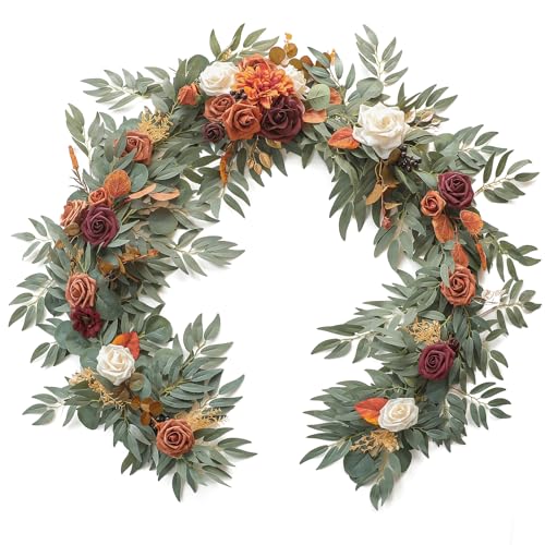Floroom 6ft Artificial Eucalyptus Garland with Flowers Fake Greenery Burnt Orange Faux Floral Vine Garland for Table Decor Wedding Centerpieces Bridal Shower Party Decorations, Terracotta - Artificial Flower Arrangements Product: Floroom 6ft Artificial Eucalyptus Garland with Flowers Fake Greenery Burnt Orange Faux Floral Vine Garland for Table Decor Wedding Centerpieces Bridal Shower Party Decorations, Terracotta