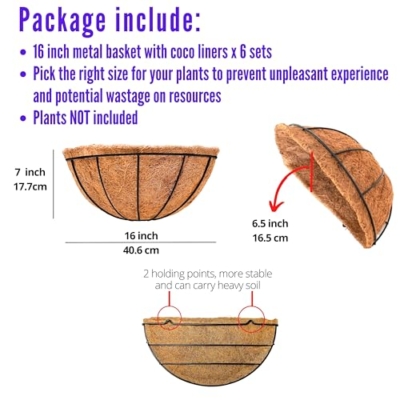 Product: LaLaGreen Large Wall Flower Baskets, 6 Pack, 16 Inch Rail Planter for Outdoor Plants, Metal Wire Plants Holders with Coco Liner Outside Fence Balcony Garden Pots Railings Hanging Deck Porch Decor
