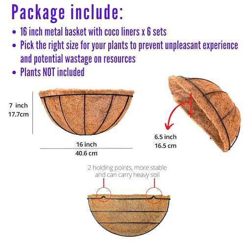 Product: LaLaGreen Large Wall Flower Baskets, 6 Pack, 16 Inch Rail Planter for Outdoor Plants, Metal Wire Plants Holders with Coco Liner Outside Fence Balcony Garden Pots Railings Hanging Deck Porch Decor