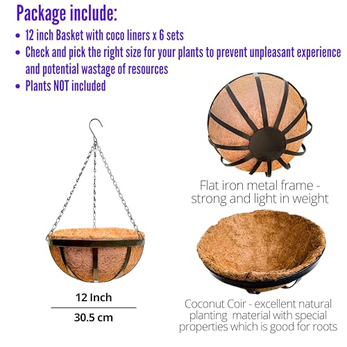 Silky Flower Store Outdoor Hanging Planter Baskets, Coco Liner Metal Round Flower Pots, 6 Pack, 12 Inch 1 1 Product: LaLaGreen Outdoor Hanging Baskets for Plants (6 Pack, 12 Inch) Medium Hanging Planter with Coco Liner, Flat Iron Metal Round Plant Flower Pots for Deck Patio Porch Garden Balcony Outside Decoration
