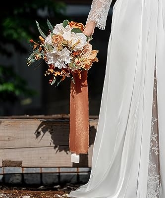 Silky Flower Store Burnt Orange Bridal Bouquet Artificial Flowers, Fall Wedding Bouquet, BENCENTRE, 10 Inch 7 7 Product: BENCENTRE 10 Inch Burnt Orange Bridal Bouquet,Fall Wedding Bouquet,Bride Bouquets for Wedding Ceremony Anniversary, Party and French Rustic Vintage Wedding,Artificial Flowers