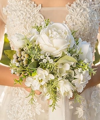 Silky Flower Store Artificial Bridesmaid Bouquet Set, White Greenery Silk Rose Bouquet, Set of 4, 7 Inch 6 6 Product: BENCENTRE 7 Inch White & Greenery Bridesmaid Bouquet for Wedding, Set of 4, Small Wedding Bouquet,for Marriage Proposal Party and Vintage Wedding Ceremony Anniversary,Artificial Flowers
