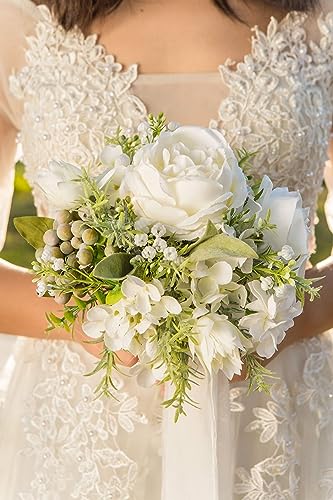 Silky Flower Store Artificial Bridesmaid Bouquet Set, White Greenery Silk Rose Bouquet, Set of 4, 7 Inch 1 1 Product: BENCENTRE 7 Inch White & Greenery Bridesmaid Bouquet for Wedding, Set of 4, Small Wedding Bouquet,for Marriage Proposal Party and Vintage Wedding Ceremony Anniversary,Artificial Flowers