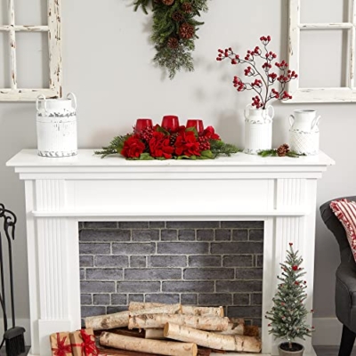 Silky Flower Store Artificial Hydrangea Candelabrum, Red Floral Table Centerpiece, Pinecone Berry Candle Holder, 24in 11 11 Product: Nearly Natural Triple Hydrangea Red Candelabrum
