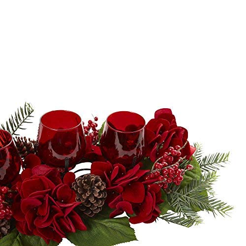 Silky Flower Store Artificial Hydrangea Candelabrum, Red Floral Table Centerpiece, Pinecone Berry Candle Holder, 24in 2 2 Product: Nearly Natural Triple Hydrangea Red Candelabrum