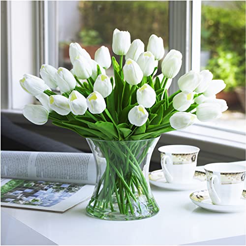 Product: ENOVA FLORAL 40 Heads White Artificial Tulips With Vase, Real Touch Fake Flowers, Floral Arrangement for Dining Table, Home Decoration, Wedding Centerpieces