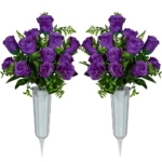 Product: Artificial Cemetery Flowers with Vase, Artificial White Rose Bouquet Grave Memorial Flowers for Cemetery Headstones Decoration, (Set of 2, Purple), Self-assemble