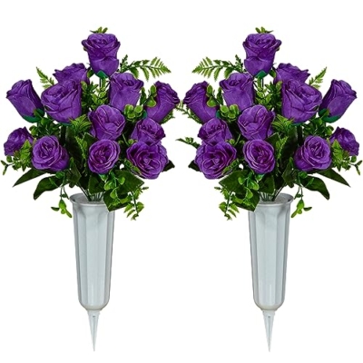 Silky Flower Store Artificial Cemetery Flowers with Vase, White Rose Bouquet Grave Memorial Flowers, Set of 2, Purple, Self Assembled, 45cm 6 6 Product: Artificial Cemetery Flowers with Vase, Artificial White Rose Bouquet Grave Memorial Flowers for Cemetery Headstones Decoration, (Set of 2, Purple), Self-assemble