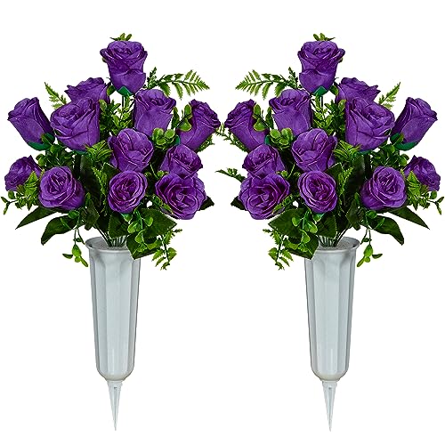 Artificial Cemetery Flowers with Vase, Artificial White Rose Bouquet Grave Memorial Flowers for Cemetery Headstones Decoration, (Set of 2, Purple), Self-assemble - Artificial Flower Arrangements Product: Artificial Cemetery Flowers with Vase, Artificial White Rose Bouquet Grave Memorial Flowers for Cemetery Headstones Decoration, (Set of 2, Purple), Self-assemble