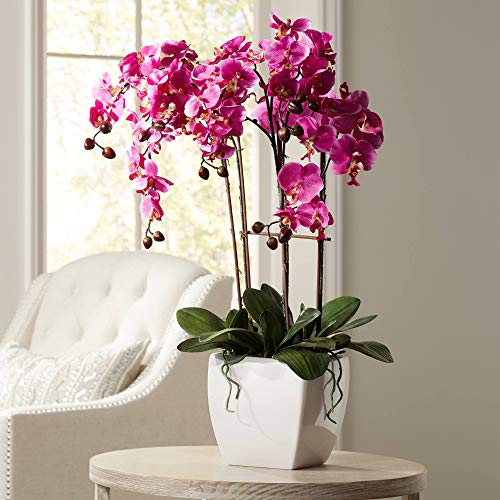 Product: Dahlia Studios Potted Silk Faux Artificial Flowers Arrangements Realistic Purple Fuchsia Orchid in White Ceramic Pot for Home Decoration Living Room Office Bedroom Bathroom Kitchen 29" High