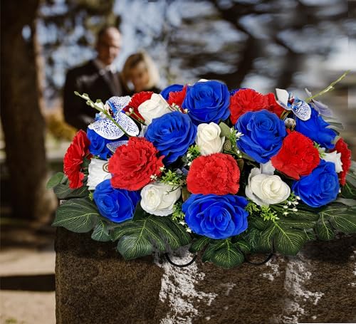 Silky Flower Store Artificial Cemetery Flowers Headstone Flower Saddle, Memorial Grave Decorations Vibrant Roses Carnation, 35 Flowers 2 Butterflies, 32.5cm 1 1 Product: Saxili Artificial Cemetery Flowers - Headstone Flower Saddle -Memorial Day Flower for Grave Decorations - Realistic Vibrant Roses Carnation
