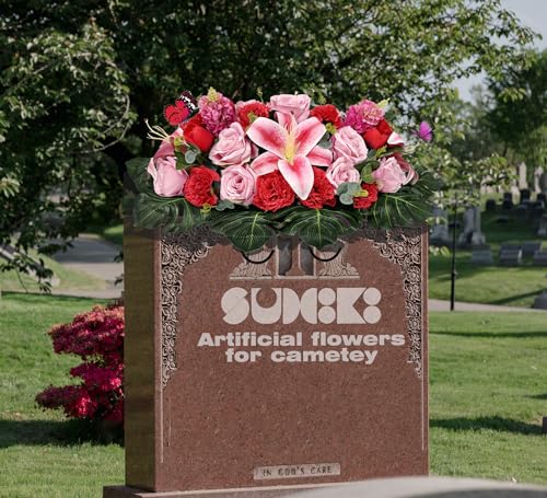 Silky Flower Store Artificial Cemetery Flower Saddle, Pink Rose Lily Red Carnation Tulip, Memorial Grave Vase, Butterflies, 32.5cm 8 8 Product: SUHOOKOO Handmade Cemetery Flowers for Grave Decor, Artificial Headstone Flower Saddle, Bright and Colorfast,Easy Fit, Tombstone Silk Pink Rose Lily/Red Carnation Tulip, 2 lovely butterflies included