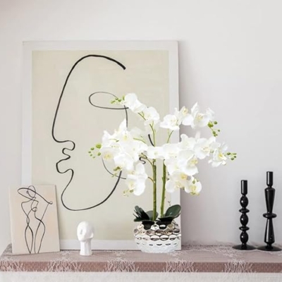 Silky Flower Store Artificial Orchid Flowers Silver Vase, White Phalaenopsis Centerpiece, Faux Floral Arrangement 20.5cm 7 7 Product: GXLMII Orchid Artificial Flowers for Home Decor, Faux Orchids with Silver Vase Phalaenopsis Fake Flowers Real Touch Flowers Plants White Orquideas Arrangements in Pot Table Centerpiece Decoration