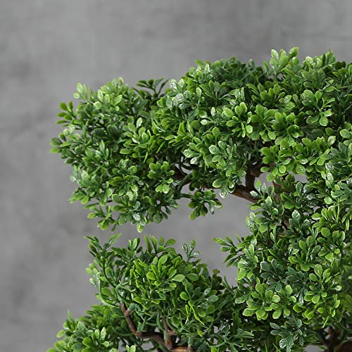 Product: Realistic Faux Harland Boxwood Bonsai Tree, Houseplant, White Round Pot, Pebbles, Padded Bottom, Over 1 Ft Tall, (H33cm)