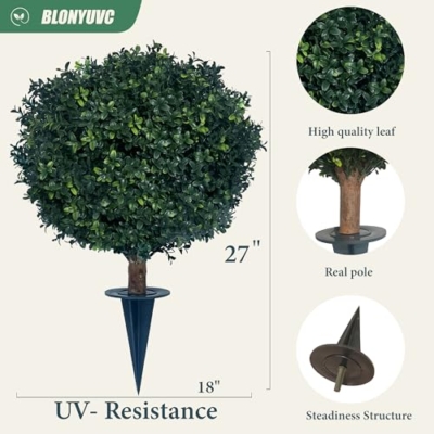 Product: kyesyes Artificial Boxwood Ball Bush 27" Tree UV Resistance Rated with Spike. Easy to Push in The Ground.Plant Looks Great in a Planter Anywhere. Indoor/Outdoor Decor 2 Pack