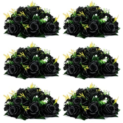 Product: NUPTIO Black Roses Artificial Flowers Pcs of 6 Fake Flower Bouquet Black Hydrangea Flowers Artificial, 15 Heads Fake Roses with Base, Real Looking Black Artificial Flowers (Black)