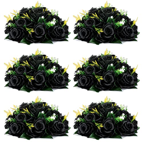 NUPTIO Black Roses Artificial Flowers Pcs of 6 Fake Flower Bouquet Black Hydrangea Flowers Artificial, 15 Heads Fake Roses with Base, Real Looking Black Artificial Flowers (Black) - Artificial Flower Arrangements Product: NUPTIO Black Roses Artificial Flowers Pcs of 6 Fake Flower Bouquet Black Hydrangea Flowers Artificial, 15 Heads Fake Roses with Base, Real Looking Black Artificial Flowers (Black)