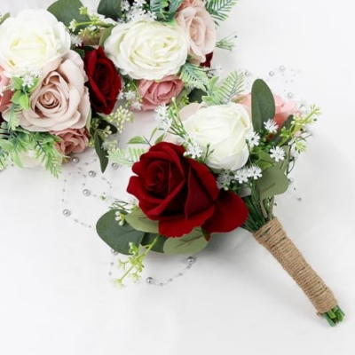 Product: HOMENERGY Set of 4 Bridesmaid Bouquets for Wedding - 7 Inch Artificial Flowers Bouquets for Ceremony Anniversary Centerpieces Decorations - Burgundy & Blush