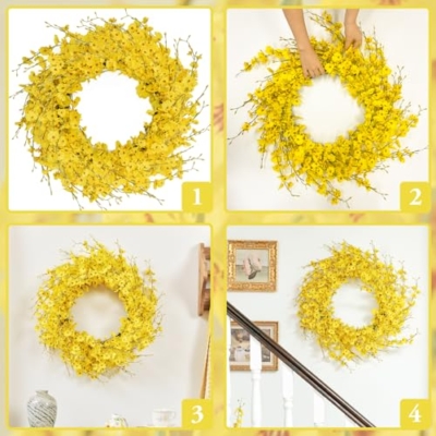 Silky Flower Store 24inch Artificial Forsythia Yellow Flowers Wreath, Silk Leaves Spring Summer Front Door Porch Farmhouse Patio Garden Decor, Orchid 13 13 Product: WELL KNOWN 24inch Artificial Forsythia Yellow Flowers Wreath, Silk Leaves Wreath for Spring Summer Seasonal Decor, Front Door Porch Farmhouse Patio Garden Home Decor (Orchid)