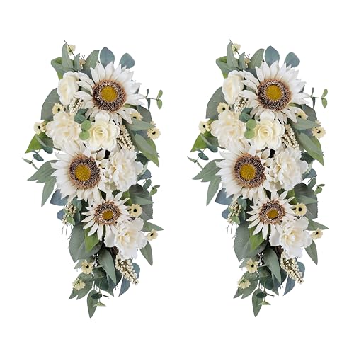 2-Pcs Spring Summer Floral Teardrop Swags - 28” Artificial Sunflower, Peony, Rose Teardrop Wreath for Door, Wall, Window - White Floral Arrangement for Home Decor - Artificial Flower Arrangements Product: 2-Pcs Spring Summer Floral Teardrop Swags - 28” Artificial Sunflower, Peony, Rose Teardrop Wreath for Door, Wall, Window - White Floral Arrangement for Home Decor