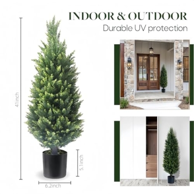 Product: Artificial Cedar Topiary Trees, Set of 2 Lifelike Faux Pruned Cypress with Heavy-Duty Planters – UV-Resistant Outdoor Artificial Shrubs for Indoor/Outdoor Decor (40 Inches)