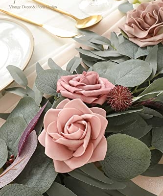 Silky Flower Store Artificial Eucalyptus Garland with Flowers, Dusty Rose Mauve, 6ft, 13.75in width, 3.5in height 10 10 Product: Floroom 6ft Artificial Eucalyptus Garland with Flowers Fake Greenery Faux Floral Vine Garland for Table Decor Wedding Centerpieces Bridal Shower Party Decorations, Dusty Rose & Mauve