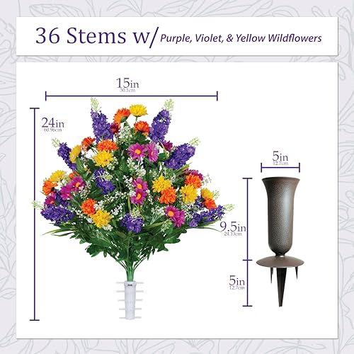 Product: Sympathy Silks Artificial Cemetery Flowers – Realistic Wildflower Outdoor Grave Decorations - Purple Violet Wildflower Bouquet with Cemetery Vase Included
