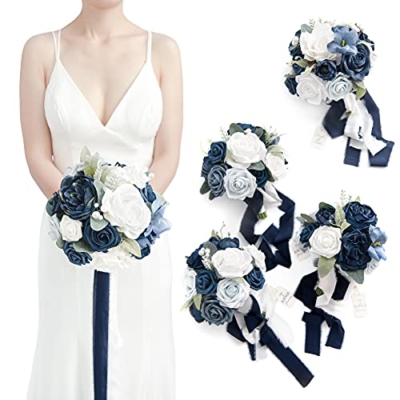 Product: Ling's Moment Blue and White Artificial Flowers Bridesmaid Bouquet Set of 4, Navy Blue and White Wedding Flowers Bouquets for Bridesmaids, 7 Inch Bridal Bouquets for Bridesmaids, Wedding, Ceremony