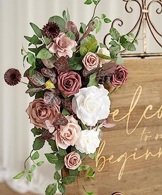 Silky Flower Store Artificial Wedding Welcome Sign Swag, White Floral Arch Flowers Decorations, 2pcs, Flexible Handmade Faux Florals 20in 7 7 Product: Ling's Moment 2pcs Artificial Welcome Sign Swag Wedding Arch Flowers Decorations Floral Eucalyptus Willow Garland Dusty Rose Mauve Rose Ceremony Party Reception Easel Door Wall Home Entryway Outdoor