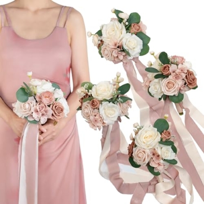 Silky Flower Store Dusty Rose Bridesmaid Bouquet Set of 4, Artificial Silk Wedding Flowers, BENCENTRE, 7 Inch 6 6 Product: BENCENTRE 7 Inch Dusty Rose Bridesmaid Bouquet for Wedding, Set of 4, Small Wedding Bouquet,for Marriage Proposal Party and Vintage Wedding Ceremony Anniversary,Artificial Flowers