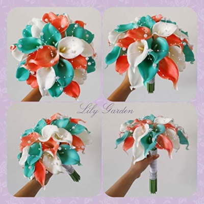 Silky Flower Store Real Touch Calla Lily Wedding Bouquet, Lily Garden Coral White Carnation Turquoise, Handmade Bridal Bouquet 10in 5 5 Product: Lily Garden® Real Touch Calla Lily Coral and White and Carnation Turquoise Flowers Wedding Bouquet (Wedding Bouquet Lilies)