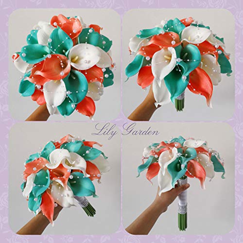Silky Flower Store Real Touch Calla Lily Wedding Bouquet, Lily Garden Coral White Carnation Turquoise, Handmade Bridal Bouquet 10in 2 2 Product: Lily Garden® Real Touch Calla Lily Coral and White and Carnation Turquoise Flowers Wedding Bouquet (Wedding Bouquet Lilies)
