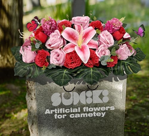 Silky Flower Store Artificial Cemetery Flower Saddle, Pink Rose Lily Red Carnation Tulip, Memorial Grave Vase, Butterflies, 32.5cm 7 7 Product: SUHOOKOO Handmade Cemetery Flowers for Grave Decor, Artificial Headstone Flower Saddle, Bright and Colorfast,Easy Fit, Tombstone Silk Pink Rose Lily/Red Carnation Tulip, 2 lovely butterflies included