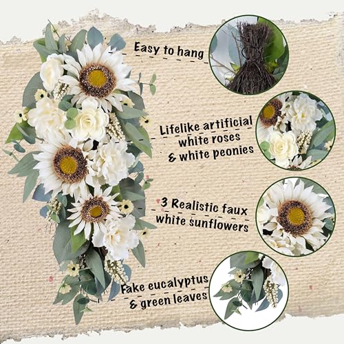 Silky Flower Store Artificial Sunflower Peony Rose Teardrop Wreath, White Floral Swag, Indoor Outdoor Door Wall Decor, 28in 2 2 Product: 2-Pcs Spring Summer Floral Teardrop Swags - 28” Artificial Sunflower, Peony, Rose Teardrop Wreath for Door, Wall, Window - White Floral Arrangement for Home Decor