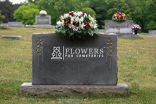 Product: Sympathy Silks Artificial Cemetery Flowers – Realistic Vibrant Tulips, Outdoor Grave Decorations - 30" Red Tulip White Iris Saddle for Headstone