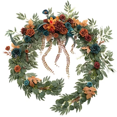 Product: Ling's Moment 9FT Flower Garland for Backdrop Decoration - Fall Wedding Arch Flowers, Eucalyptus & Rose, Artificial Floral Garland for Mantle - Sweetheart Table Decor for Ceremony, Teal & Orange