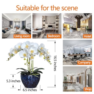 Product: Faux Orchids Artificial Flowers with Porcelain Vase Large Fake Silk Orchids in Vase Indoor Dining Table Office Desk Decor