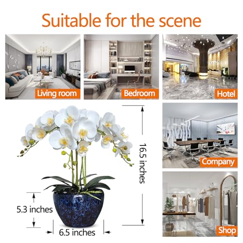 Product: Faux Orchids Artificial Flowers with Porcelain Vase Large Fake Silk Orchids in Vase Indoor Dining Table Office Desk Decor