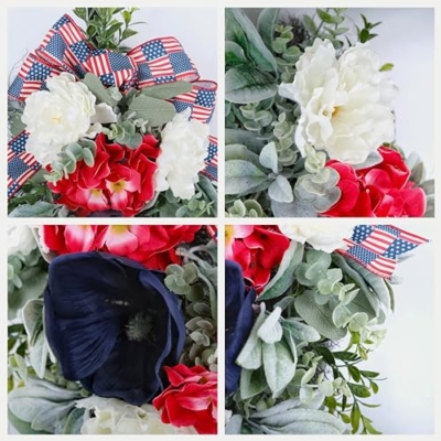 Silky Flower Store Patriotic Teardrop Wreath, Red White Blue Summer Floral Swag, USA Flag Bow, Artificial Front Door Decor, 28in 11 11 Product: 4th of July Patriotic Swag - Red White Blue Summer Floral Swag with USA Flag Printed Bow - Artificial Flower Teardrop Wreath - American Summer Home Decor for Frong Door Porch Wall
